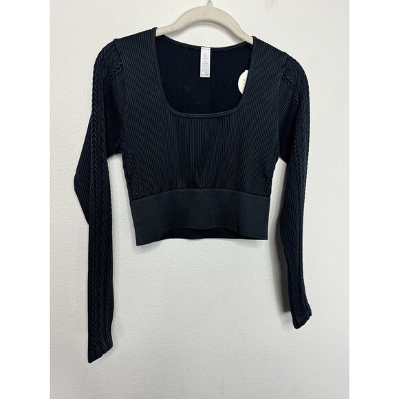 OFFLINE Aerie Seamless Cable Acid Wash Top Sz M Black Cropped Long Sleeve New - Picture 4 of 12